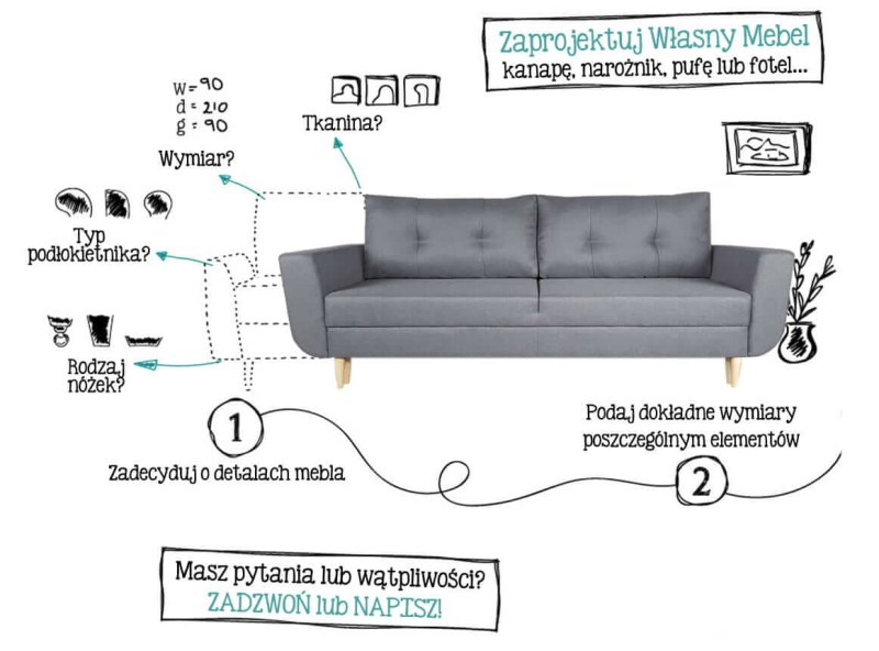 Kanapa na wymiar skandynawska z funkcją spania i pojemnikiem grafitowa Luna