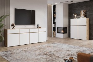 Komoda 120 cm szerokości - drewniana - Cintra Wysoka Dąb/Biały Meble skrzyniowe